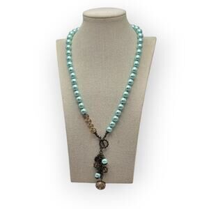 Plunder Design Aqua Pearl Bead Convertible Y Necklace Smoky Crystal Pendant